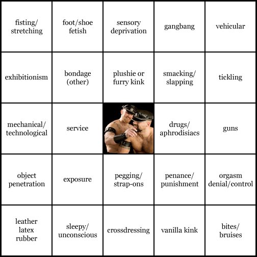 kink bingo card image bar1.jpg || row 1: | body alteration / injury | vanilla kink | dirty talk | teasing | sleepy / unconscious || row 2: | pervertibles | washing / cleaning | objectification kink | authority figures | bites / bruises || row 3: | phonesex / epistolary | in public | wildcard | historical roleplay | foot / shoe fetish || row 4: | bondage (other) | temperature play | sensation play | bloodplay | leather latex rubber || row 5: | masters doms slaves and subs | anonymity | danger | possession / marking | piercings / needleplay