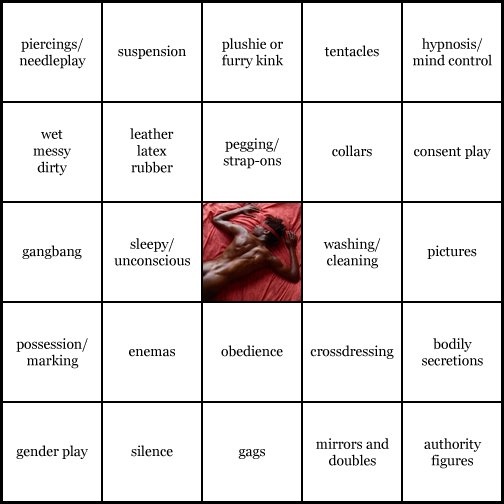 kink bingo card image cardset5-893.jpg || row 1: | piercings / needleplay | suspension | plushie or furry kink | tentacles | hypnosis / mind control || row 2: | wet, messy, dirty | leather / latex / rubber | pegging / strap-ons | collars | consent play || row 3: | gangbang | sleepy / unconscious | wildcard | washing / cleaning | pictures || row 4: | possession / marking | enemas | obedience | crossdressing | bodily secretions || row 5: | gender play | silence | gags | mirrors and doubles | authority figures