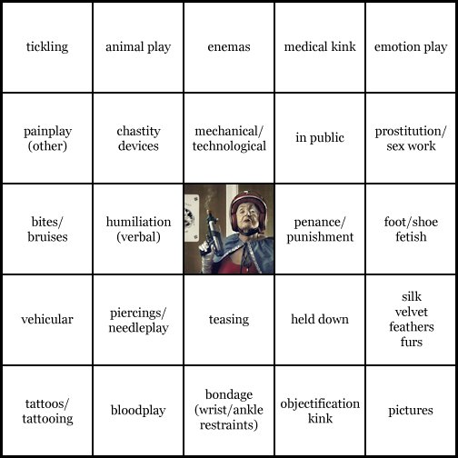 kink bingo card image cardset1-107.jpg || row 1: | tickling | animal play | enemas | medical kink | emotion play || row 2: | painplay (other) | chastity devices | mechanical / technological | in public | prostitution / sex work || row 3: | bites / bruises | humiliation (verbal) | wildcard (icon #59 contains: dressup, guns / blades, roleplay) | penance / punishment | foot / shoe fetish || row 4: | vehicular | piercings / needleplay | teasing | held down | silk velvet feathers furs || row 5: | tattoos / tattooing | bloodplay | bondage (wrist / ankle restraints) | objectification kink | pictures