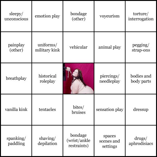 kink bingo card image cardset1-268.jpg || row 1: | sleepy / unconscious | emotion play | bondage (other) | voyeurism | torture / interrogation || row 2: | painplay (other) | uniforms / military kink | vehicular | animal play | pegging / strap-ons || row 3: | breathplay | historical roleplay | wildcard (icon #10 contains: animal play, masters doms slaves and subs) | piercings / needleplay | bodies and body parts || row 4: | vanilla kink | tentacles | bites / bruises | sensation play | dressup || row 5: | spanking / paddling | shaving / depilation | bondage (wrist / ankle restraints) | spaces scenes and settings | drugs / aphrodisiacs
