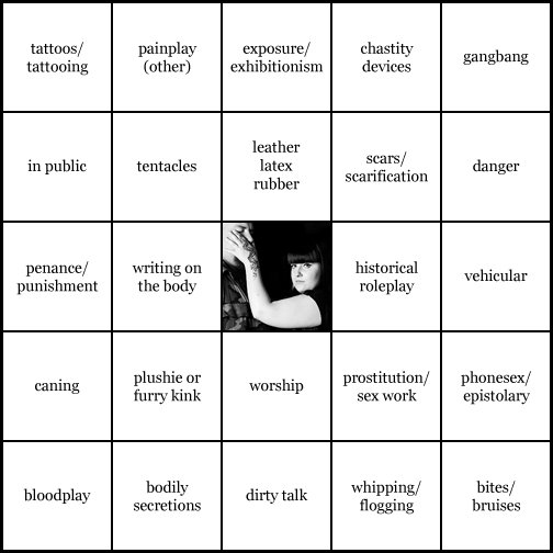 kink bingo card image cardset1-426.jpg || row 1: | tattoos / tattooing | painplay (other) | exposure / exhibitionism | chastity devices | gangbang || row 2: | in public | tentacles | leather latex rubber | scars / scarification | danger || row 3: | penance / punishment | writing on the body | wildcard (icon #61 contains: masters doms slaves and subs, gags / silence) | historical roleplay | vehicular || row 4: | caning | plushie or furry kink | worship | prostitution / sex work | phonesex / epistolary || row 5: | bloodplay | bodily secretions | dirty talk | whipping / flogging | bites / bruises