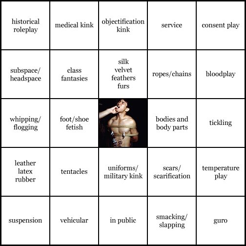 kink bingo card image cardset1-472.jpg || row 1: | historical roleplay | medical kink | objectification kink | service | consent play || row 2: | subspace / headspace | class fantasies | silk velvet feathers furs | ropes / chains | bloodplay || row 3: | whipping / flogging | foot / shoe fetish | wildcard (icon #27 contains: ropes / chains, painplay (other)) | bodies and body parts | tickling || row 4: | leather latex rubber | tentacles | uniforms / military kink | scars / scarification | temperature play || row 5: | suspension | vehicular | in public | smacking / slapping | guro