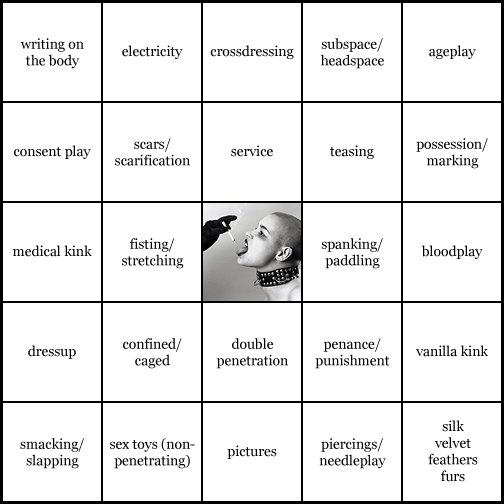 kink bingo card image cardset1-655.jpg || row 1: | writing on the body | electricity | crossdressing | subspace / headspace | ageplay || row 2: | consent play | scars / scarification | service | teasing | possession / marking || row 3: | medical kink | fisting / stretching | wildcard (icon #37 contains: temperature play, painplay (other), masters doms slaves and subs, collars) | spanking / paddling | bloodplay || row 4: | dressup | confined / caged | double penetration | penance / punishment | vanilla kink || row 5: | smacking / slapping | sex toys (non-penetrating) | pictures | piercings / needleplay | silk velvet feathers furs